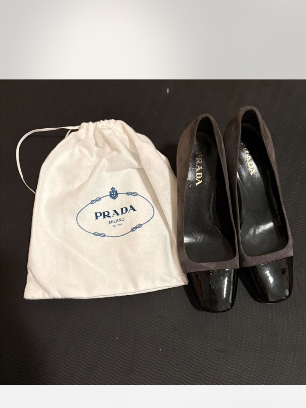 Prada Black Patent and Dark Brown Suede Square-Toe Pumps